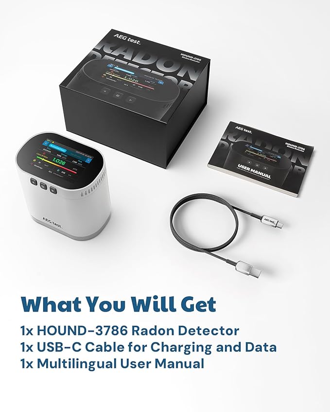 HOUND-3786 Home Radon Monitor, Long-Term Logging & Data Charts, 10-Min Refresh, Rechargeable, 3.5" Display, Sound & Light Alarm, PDF Report, pCi/L & Bq/m³ - White