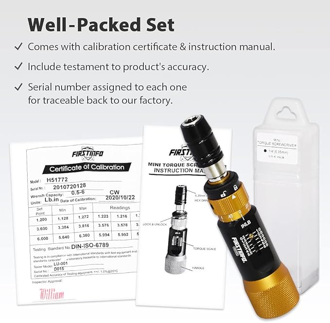 FIRSTINFO H51772 Ultra Precision Certified Torque Limiting Screwdriver, 1/4 Inch Universal Hex Quick Release Bit Holder, Torque Range 0.5-6 in-lbs