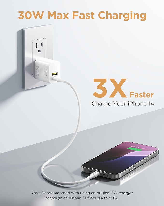 PISEN 30W USB C Charger - PD QC 3.0 Dual Port Charging Block, 30 Watt USB C Charger with 4 FT Type C to L Cable, 30W Fast Charger with Foldable Plug for iPhone 14 13 12 11 Pro Max XR XS X, iPad