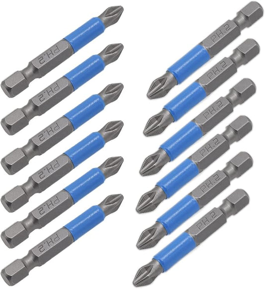12pcs PH2 Magnetic Screw Head Screwdriver Bit Set, Alloy Steel PH2 X 50mm Long Phillips Drill Bits, 1/4 Hex Shank Anti Slip Drill Bits for Electric Hand Screwdrivers