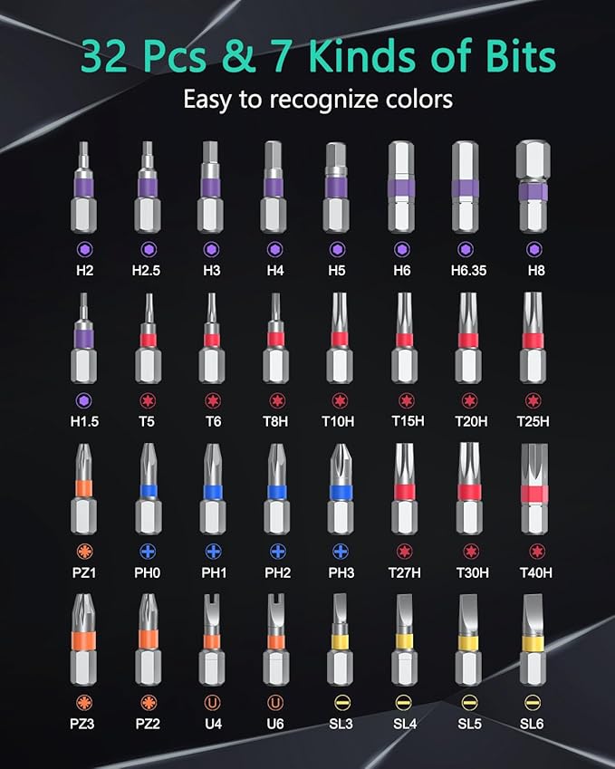 ORIA 34 in 1 Magnetic Screwdriver Set, DIY Ratchet Screwdriver Set, Upgraded Portable Repair Tool Kit with Detachable Ratchet Handle, 32 Color-Coded Precision Bits for DIY Furniture Computer Bicycle