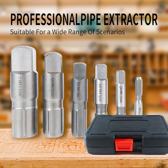 6-Piece Heavy Duty Pipe Extractor Set,Broken Pipe Removal Tool Kit for Removing Damaged Threaded Pipes & Fittings from 1/8" to 1", Pipe Easy Out Extractor Set ,Ideal Tools for Plumbers Mechanics DIY