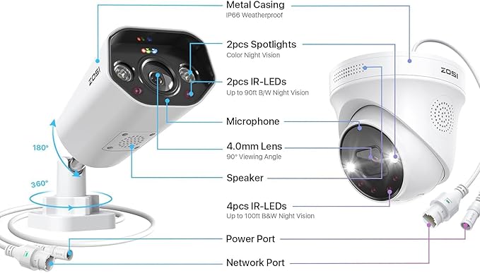 ZOSI 32CH 4K PoE Security Camera System, Face Person Vehicle Detection, 2 Way Audio, Spotlight Siren, 32pcs 8MP Outdoor Indoor IP Cameras, 32 Channel 4K NVR with 8TB HDD for 24/7 Recording