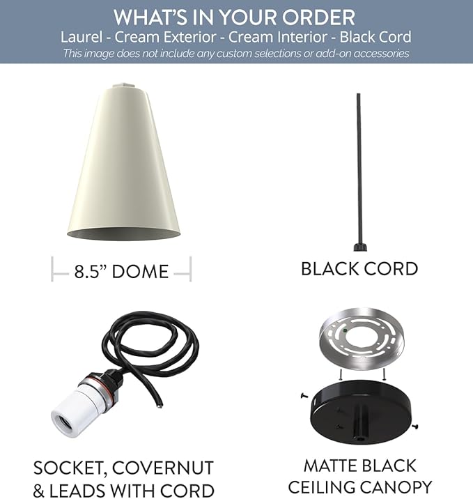Steel Lighting Co. Laurel Pendant Light | Ceiling Mounted | 8.5 inch Cone Shade | Modern Contemporary Farmhouse Style Made in America | Black Cord | Cream Exterior/Cream Interior