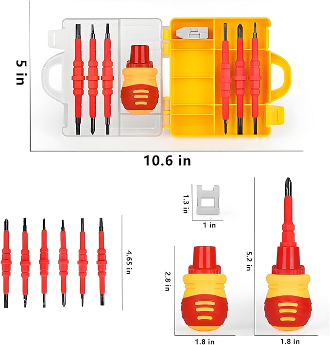 Insulated Screwdriver Set for Electricians – Ergonomic Handle, Magnetized Tips, Durable for Electrical Work, Receptacle & Outlet Screwdriver, Multi-Tool (Ratchet 14 in 1)