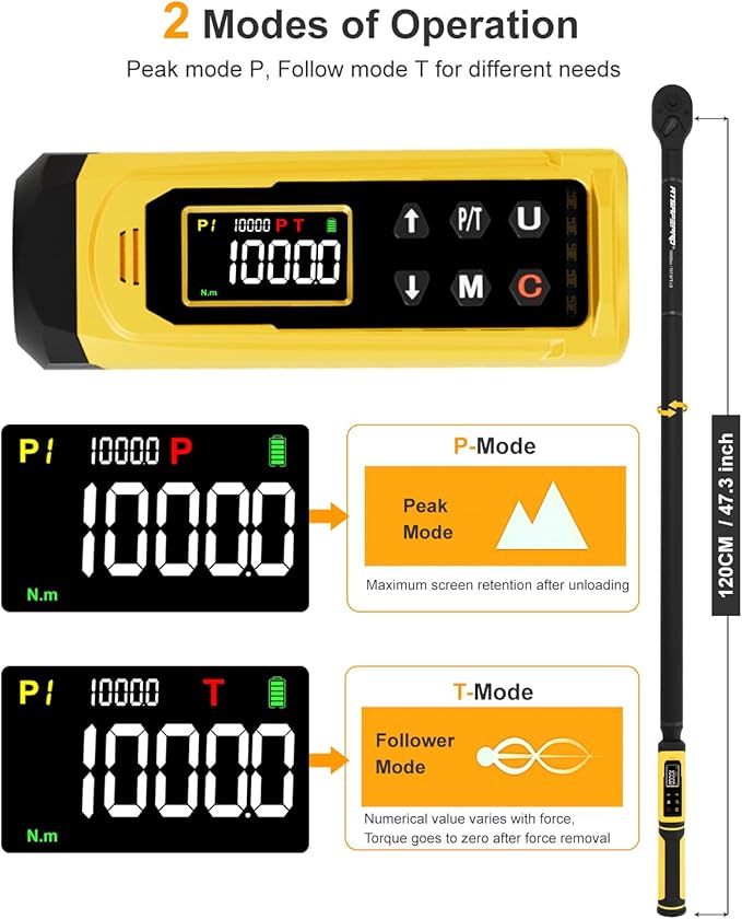 Digital Torque Wrench 3/4-Inch Drive, 15-1000 Nm (11-737.5 ft-lb), ±2% Accuracy, Vibration/Buzzer /LED Alert, 5 Units, 9 Presets & 500 Data Storage, 3/4 Torque Wrench for Truck, Heavy Machinery