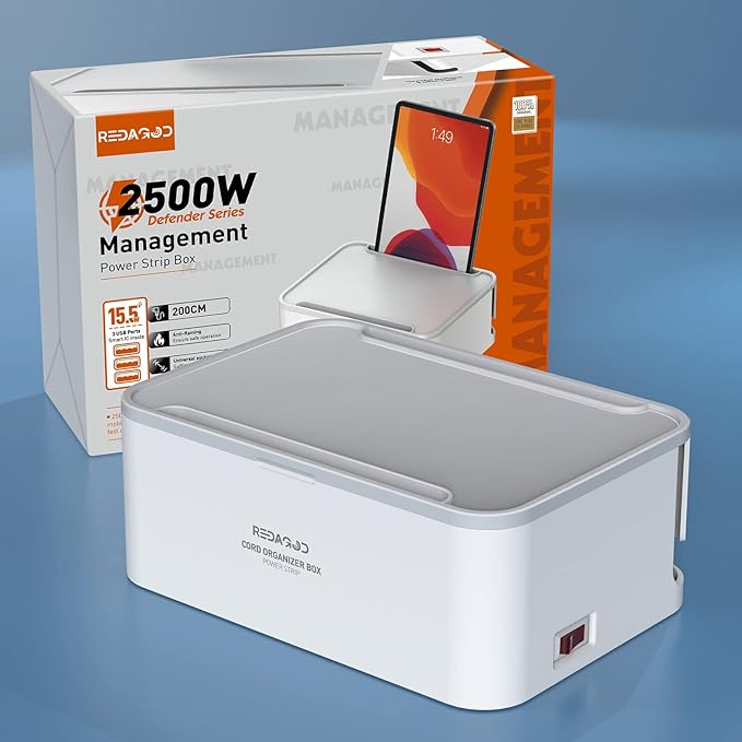 Power Strip with Cable Management Box, Redagod Surge Protector 8 Outlets and 3 USB Ports with Switch Control, 6.6 ft Flat Plug Extension Cord, Organizer Charging Station for Kitchen, Dorm, Office,Home