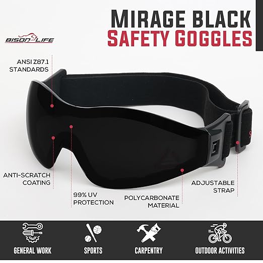 BISON LIFE Mirage Vented Safety Goggles with Adjustable Elastic Band & Protective Pouch, UV Protection Eye Goggles for Outdoor Activities, Black, Dustproof Glasses for Men & Women (1 Pack)