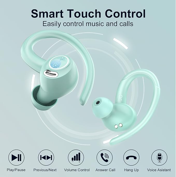 Wireless Earbuds Bluetooth 5.3 Headphones Sports, 48Hrs Playtime Bluetooth Earbuds with CVC 8.0 Mic, Stereo Bass Over Ear Bud with Earhooks, LED Display, IP7 Waterproof Earphon for Running Misty Blue