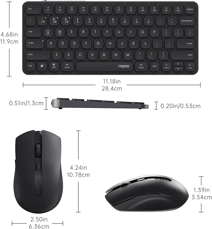 Rapoo 9050S Multi-Device Keyboard and Mouse Combo, 2.4GHz/Bluetooth 5.0/4.0 Wireless Keyboard & Mouse Set for Windows/Mac/Linux/Chrome, Support 4 Devices, Rechargeable, Silent Click, Black