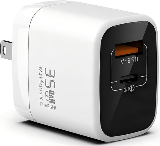 Fast 35W Dual USB-C Plus USB-A Charger - GaN Power Delivery - Fast Compact Power Adapter for Laptops, Smart Phones, Tablets and Thousands of Other Devices (White, 35W)