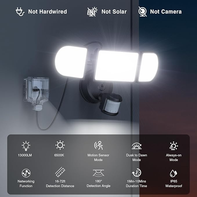 130W Motion Sensor Light Outdoor Plug in, 13000LM LED Security Lights with Remote Control, 3 Adjustable Heads, 3 Modes, Plug in Flood Lights Outodoor IP65 Waterproof for Garage Yard (Black)