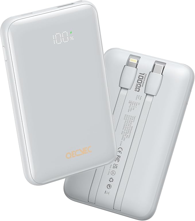 Portable Charger 10000mAh, Cell Phone Portable Power Banks with 22.5W PD Fast Charging, Compact Phone Charger Built in Cable, Compatible with Apple, Samsung, Google, Motorola and More-Grey