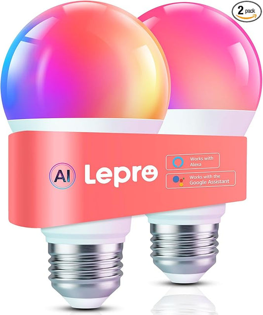 Lepro B1 AI Smart Light Bulbs - WiFi & Bluetooth RGBWW Color Changing LED Bulb Compatible with Alexa & Google Assistant, AI Generated Lighting LLM, AI Voice Control, Music Sync, 2.4GHz Only, 2 Pack