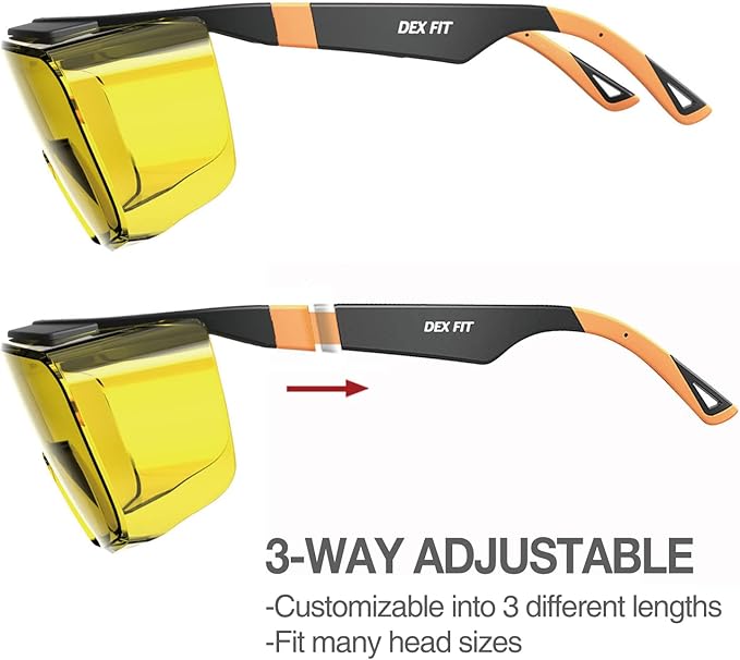 DEX FIT Safety Work Over Glasses SG210 OTG; Z87 Eye Protection for Men & Women, Fog & Scratch Resistant, Adjustable, UV & Blue Light Blocking (Black & Blue Frame, Yellow Lens)