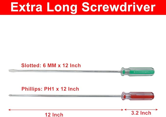 12 Inch Extra Long #2 Phillips & 6mm Slotted Screwdriver 2-Piece Set, Magnetic Tip Flat Blade Cross-head Screwdrivers (Red, Green)