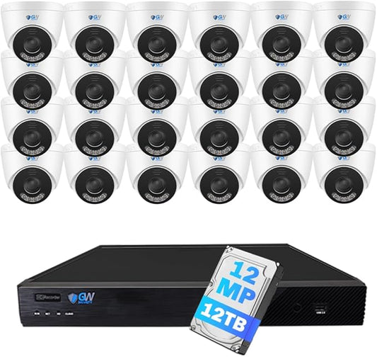 GW Security 32 Channel UltraHD 12MP 6K @ 30FPS Realtime 3X Motorized Zoom PoE Security Camera System with 24 x 12MP IP Two-Way Audio Full-Time Color Night Vision Outdoor/Indoor Smart AI Dome Cameras
