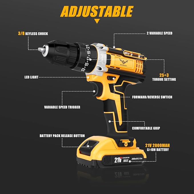 Cordless Drill Set 21V, Electric Screwdriver with 2 Batteries 2000mAh, 25+3 Torque Cordless Hammer Drill, 2-Speed, 42N.m Max, LED Work Light
