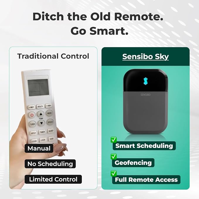 Sensibo Sky, Smart Wireless Air Conditioner Controller. Quick & Easy DIY Installation. Maintains Comfort with Energy Efficient. Automatic Wifi Thermostat Control App. Google, Alexa and Siri Compatible