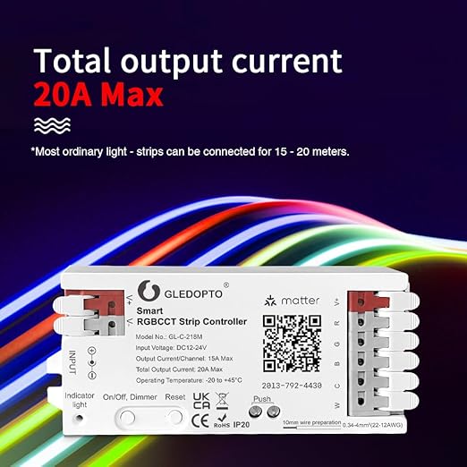 Matter RGBCCT LED Controller 20A Current Max for PWM Analog LED Strip Light APP Voice Control RGBW RGB Dimmable Work with Homekit Google Amazon Echo Alexa (Matter Hub Required)