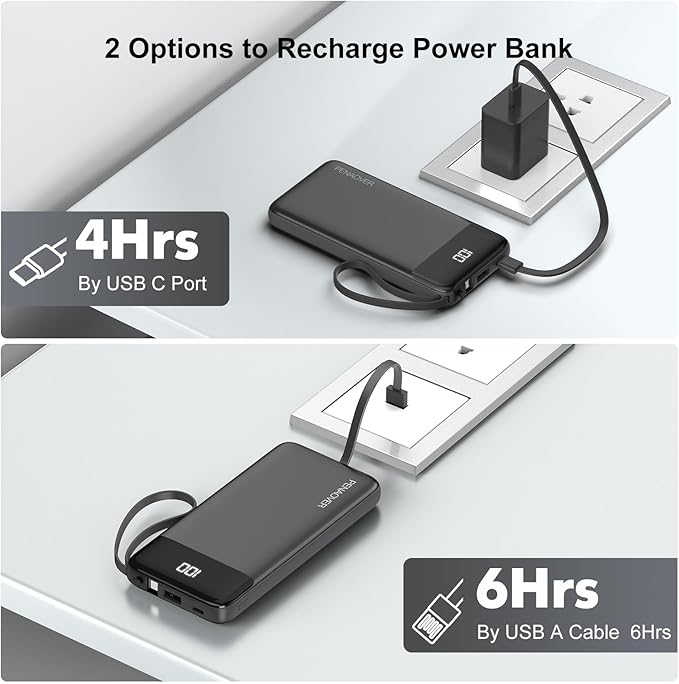 Portable Charger 10000mAh Power Bank with Built-in Cable, 5 Output 2 Input Travel Essential External Battery Pack with LED Display Compatible with iPhone 16/15 Samsung S22 Android,etc
