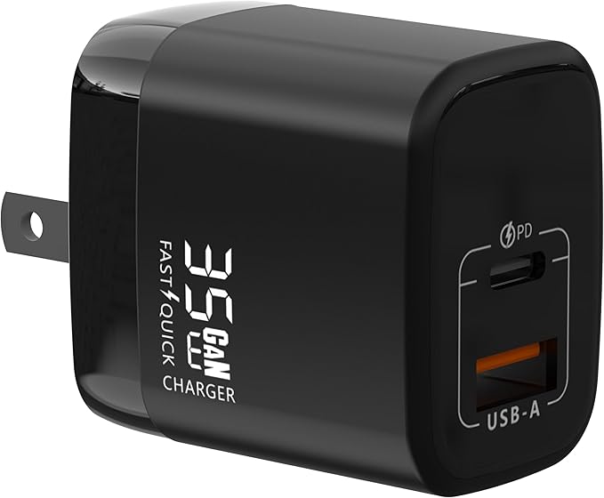 Fast 35W Dual USB-C Plus USB-A Charger - GaN Power Delivery - Fast Compact Power Adapter for Laptops, Smart Phones, Tablets and Thousands of Other Devices (Black, 35W)