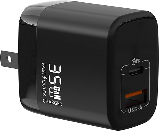 Fast 35W Dual USB-C Plus USB-A Charger - GaN Power Delivery - Fast Compact Power Adapter for Laptops, Smart Phones, Tablets and Thousands of Other Devices (Black, 35W)