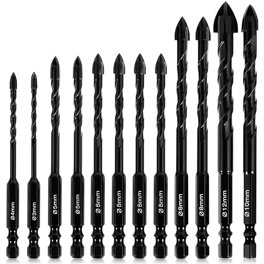 12Pcs Concrete Drill Bit Set Alloy Masonry Drill Bit Set Cross Head Tile 3/4/5/6/8/10/12mm Durable Drilling Hole for Concrete Glass Ceramic Tile Wood Marble