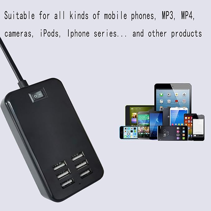 USB Charging Station 6-Port Desktop USB Charger Port Suitable for Smart Phones, All Charging Devices with SBU, Multi-Port Wall Charger with Switch (Black)