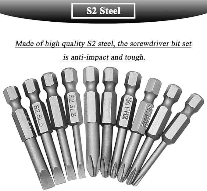 10Pcs 50mm Magnetic Screwdriver Bit Sets Phillips and Slotted Screwdriver Bit 1/4 Inch Hex Shank Drill Bit S2 Steel