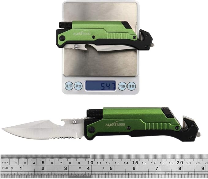 ALBATROSS Best 6-in-1 Survival Tactical Military Folding Pocket Knives with LED Light,Seatbelt Cutter,Glass Breaker,Magnesium Fire Starter,Bottle Opener;Multi-Function Emergency Tool(Green-SA)