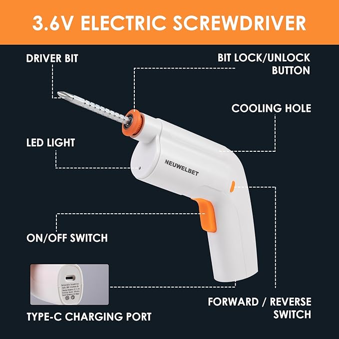 Electric Screwdriver 3.6V, USB Long-lasting Powerful Electric Screwdriver Set, Cordless Drill with LED Light, 14 PCS Driver Bit(White)