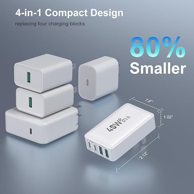 USB C Charger Block, Excgood 40W 4-Port Flat USB Wall Charger Adapter Multiport Dual PD+QC Foldable Slim Fast Charging Plug Compatible for iPhone 16 15 Pro Max 14 13 iPad Watch Galaxy S23,2Pack White