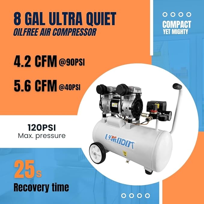 Portable 8 Gal Aluminum Tank Air Compressor, Rustproof, Lightweight at Only 37.5 Pounds, Efficiency Dual Air Intakes, Quiet Air Compressor, 68dB, Ideal for DIY, Home & Garage Applications
