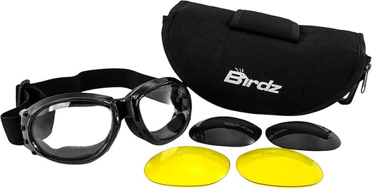 Birdz Eyewear Eagle Padded Motorcycle Goggles Black Frame with Smoke Yellow & Clear Lenses Vented Sides Anti-Fog coating
