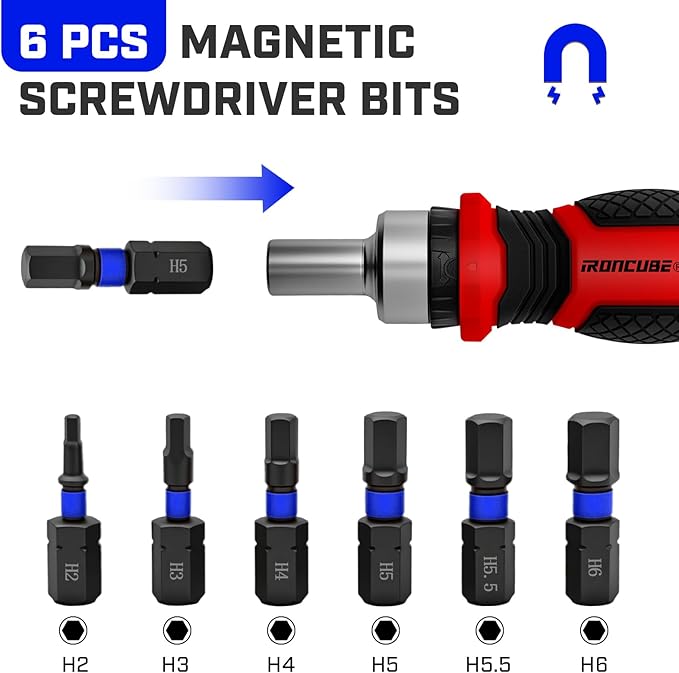 Magnetic Hex Screwdriver Set: 6 in 1 Multi Bit Drive Set with Interchangeable Ratchet Handle - Portable Repair Tool Kit for DIY Bicycle Furniture