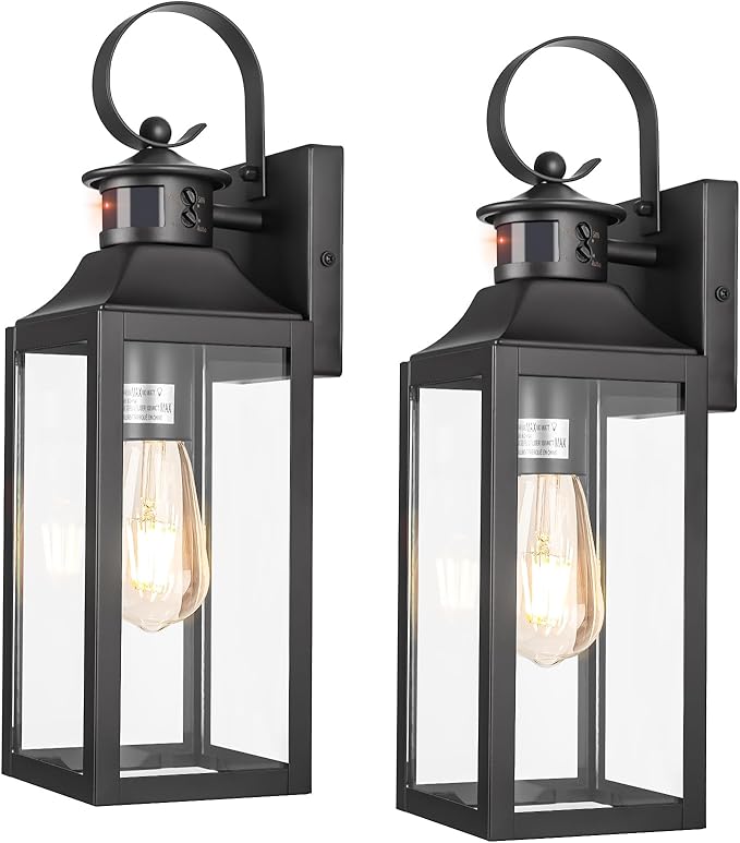 Motion Sensor Outdoor Wall Lights 2 Pack, Black Dusk to Dawn Light Fixtures Wall Mount, 16" Exterior Wall Sconces Waterproof, Large Outside Lamps for House, Modern Porch Lanterns 3 Modes