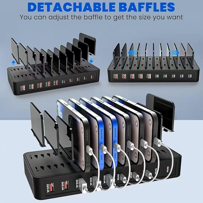 100W 10-Port Smart Charging Station | 5 USB-A & 5 USB-C Ports | Organized Design for Cellphones, Tablets, Watches & More (Black)