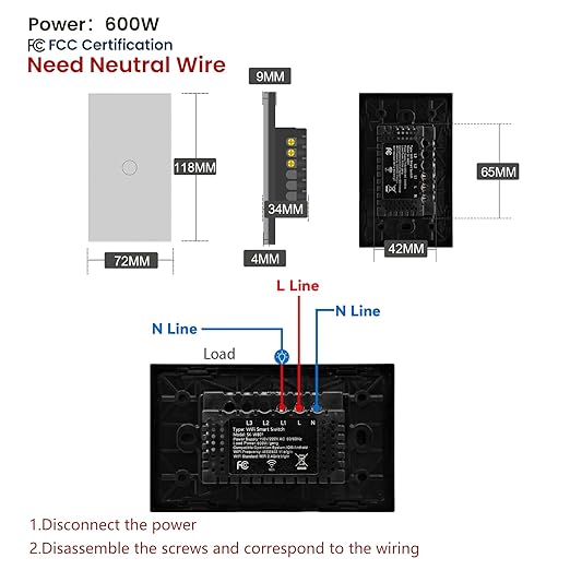 Smart Light Switch 3 Way Need Neutral Wire,FCC Certified,2.4GHz WiFi Switch Glass Panel APP Control Timer Work with Tuya/Smart Life,Alexa and Google Home,Grey 1 Gang