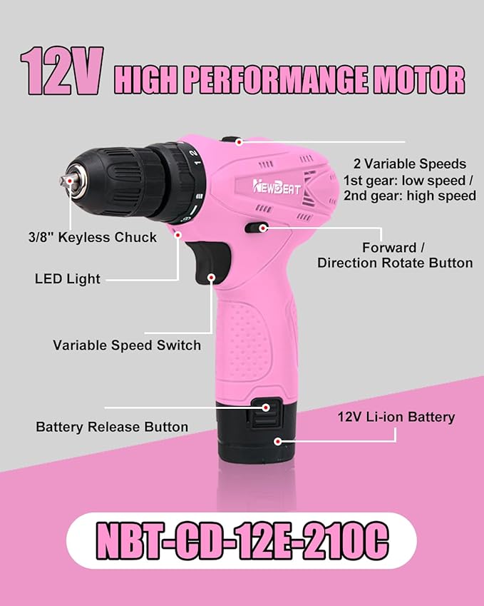 NEWBEAT Cordless Drill Set, 12V Power Drill Driver with 2 Battery and Charger, Pink Electric Drill Power Tool for Women