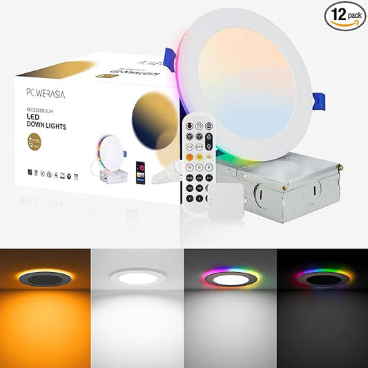 12 Pack 6 Inch Smart LED Recessed Lighting with RGB Back Light, 12W 1200LM Smart LED Recessed Lights with Junction Box, 2700K-6000K Color Changing Work with Google Assistant/Siri, Hub INCL