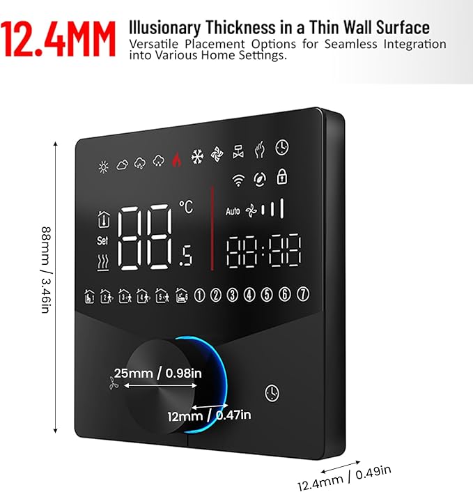 Central AC Thermostat Smart Energy Saving Control LED Panel Touch Key Thin Wall Mount Cool Lighting Effect WiFi Air Conditioner Thermostat for Home (Black)