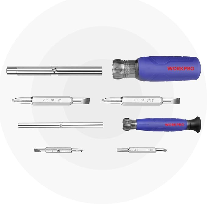 WORKPRO 6-in-1 Basic & 4-in-1 Electronics Screwdriver/Nut Driver Set Tool Confort Grip, 2PCS Portable Screw-driver, 8 Basic & Precision Bits (Philips/Slotted), 2 Nut Driver Sizes
