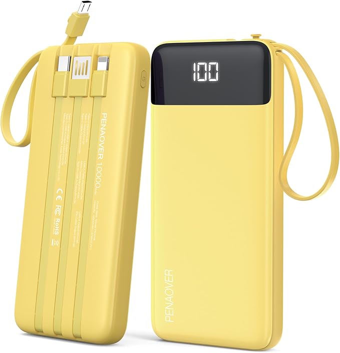 Portable Charger 10000mAh Power Bank with Built-in Cable, 5 Output 2 Input Travel Essential External Battery Pack with LED Display Compatible with iPhone 16/15 Samsung S22 Android,etc