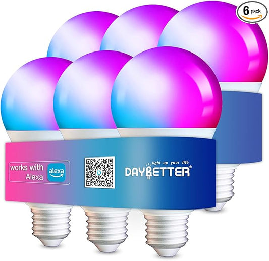 DAYBETTER 6 Pack Smart Light Bulbs, Color Changing Smart WiFi Light Bulbs, Compatible with Alexa & Google Home, 800 Lumen Dimmable A19 E26 Bulbs, No Hub Needed