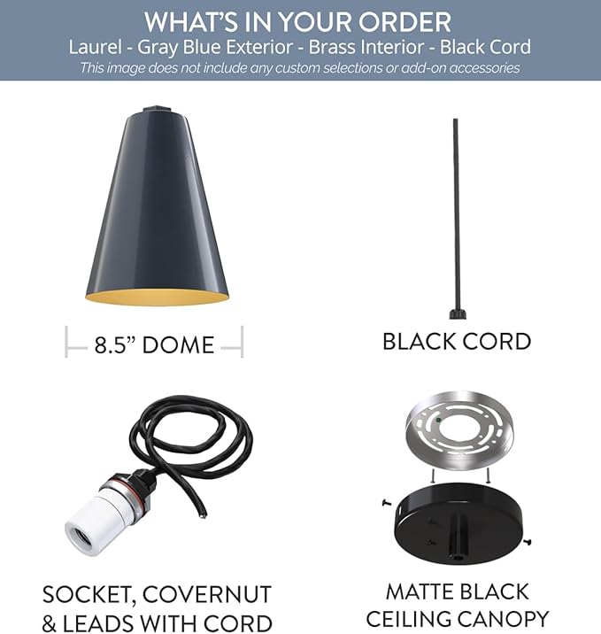 Steel Lighting Co. Laurel Pendant Light | Ceiling Mounted | 8.5 inch Cone Shade | Modern Contemporary Farmhouse Style Made in America | Black Cord | Gray Blue Exterior/Brass Interior