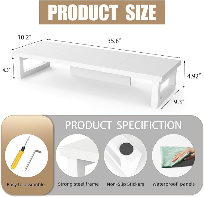 WESTREE Dual Monitor Stand Riser, Wood and Steel Monitor Stand Riser, Computer Monitor Stand for 2 Monitors, Multi-Purpose Desktop Storage Stand for Computer,Laptop,Printer,TV