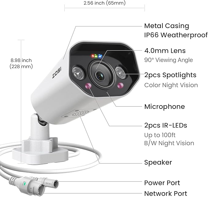 ZOSI 32 Channel 4K PoE Security Camera System, 32x 8MP Spotlight Commercial Cameras Outdoor Indoor, Face Person Vehicle Detection, 2 Way Audio, 32CH 4K Surveillance NVR with 8TB HDD for 24/7 Recording