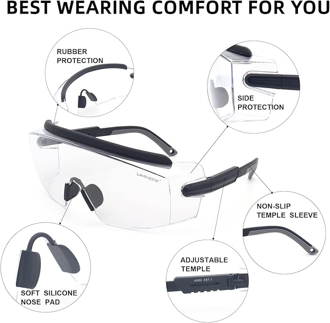 UKNOW Safety Goggles Over Glasses, Anti Fog Safety Glasses with Clear Wraparound Lens, ANSI Z87.1 Protective Eyewear