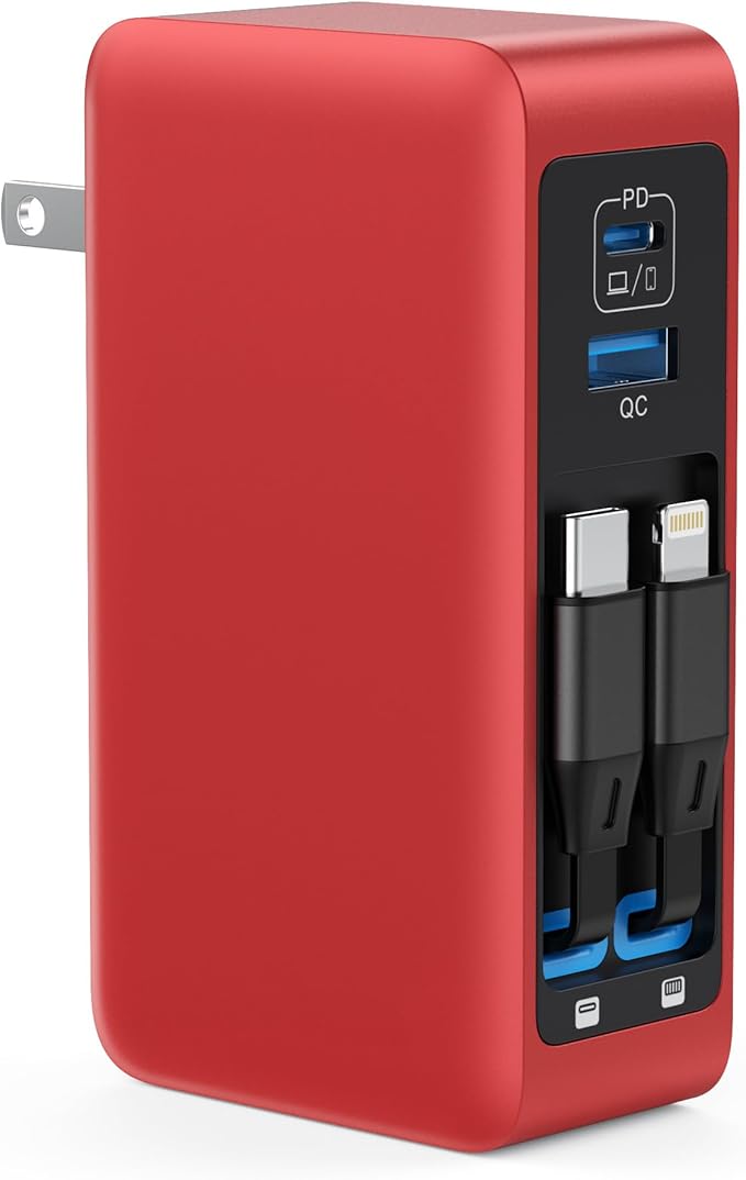 120W USB C Charger Block with 2 Built-in Retractable Cables,4-in-1 GaN IV Foldable Plug Wall Charger Fast Charging Station,PD 65W Laptop Adapter for MacBook/iPad,iPhone 16/15/14,Android (Red)